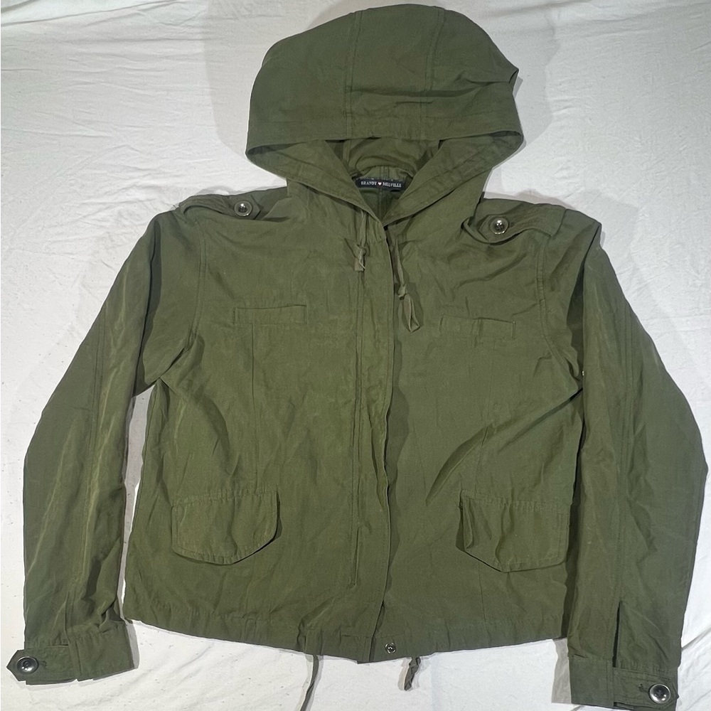 Brandy Melville Olive Green Khaki Roll Tab Sleeve Hooded Jacket Womens one size